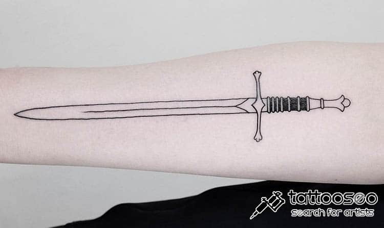 Single needle sword tattoo done on the fingers.