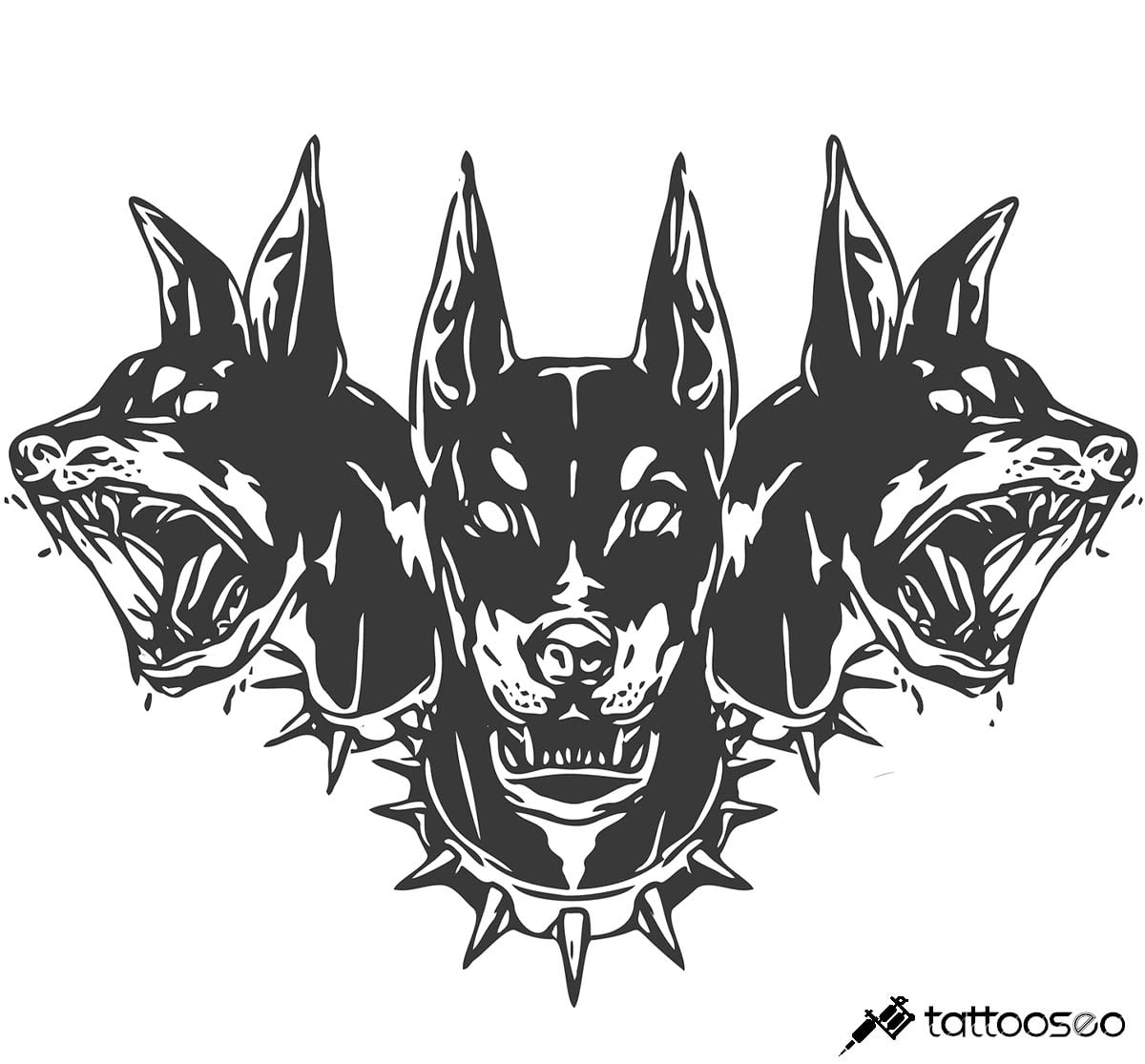 Cerberus Black Hellhound and angry snake Mythological three headed dog the  guard of entrance to hell Hound of Hades banner emblem with ribbon  scroll Tattoo Shirt design template Graphic style vector illustration